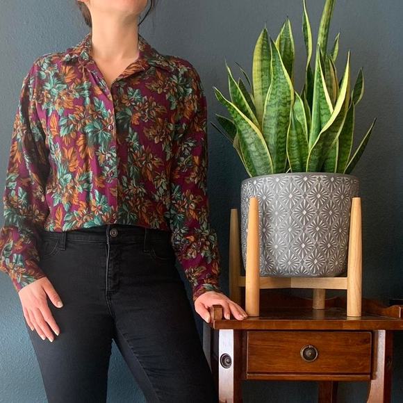 Royal Purple Earth Tone Leaf Pattern Button Up - Picture 1 of 4